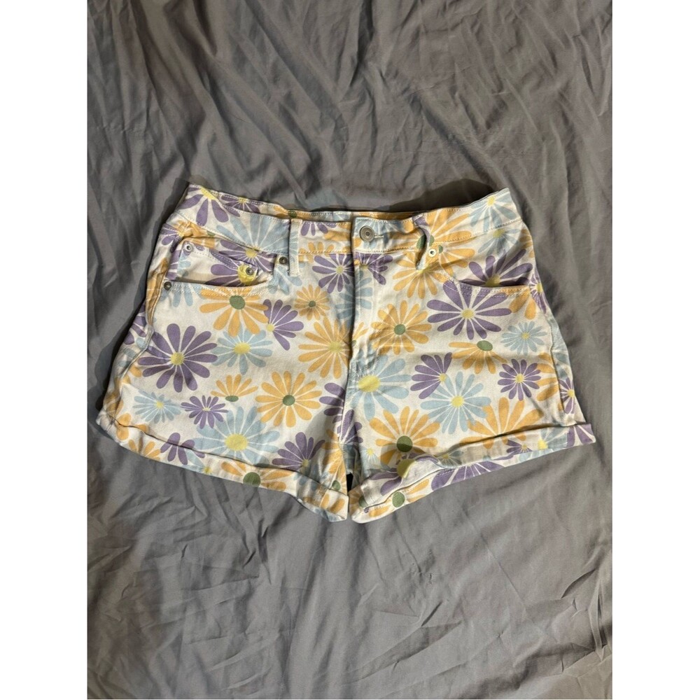 No Boundaries Daisy Print Jean Shorts in Yellow, Purple, and Light Blue